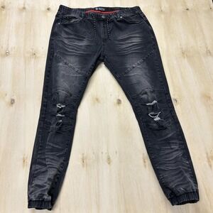 Encrypted Jeans Mens 36x30 Charcoal Wash Black Denim Slim Tapered Distressed